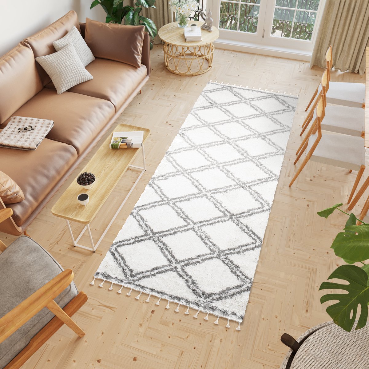 Tapiso Boho Loper Lichtbeige Grijs Hoogpolig Kwastjes Woonkamer Vloerkleed Maat- 100x250 Beige Grijs 1