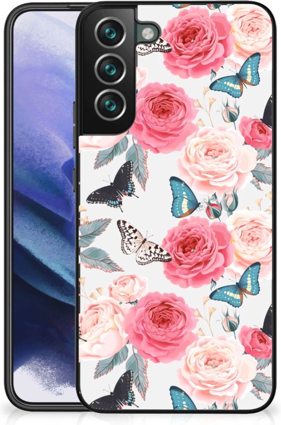 Telefoontas Samsung Galaxy S22 Pro Smartphone Hoesje Met Zwarte Rand Butterfly Roses 0965