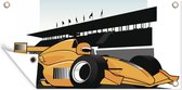 Tuinposter Een gele racewagen uit de Formule 1 in een illustratie - 80x40 cm - Wanddecoratie Buiten - Tuinposter - Tuindoek - Schuttingposter - Tuinschilderij