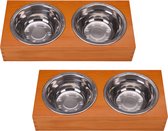 2x Set van voeder en drinkbakken in houten houder voor huisdieren - Voerbakjes - Waterbakjes