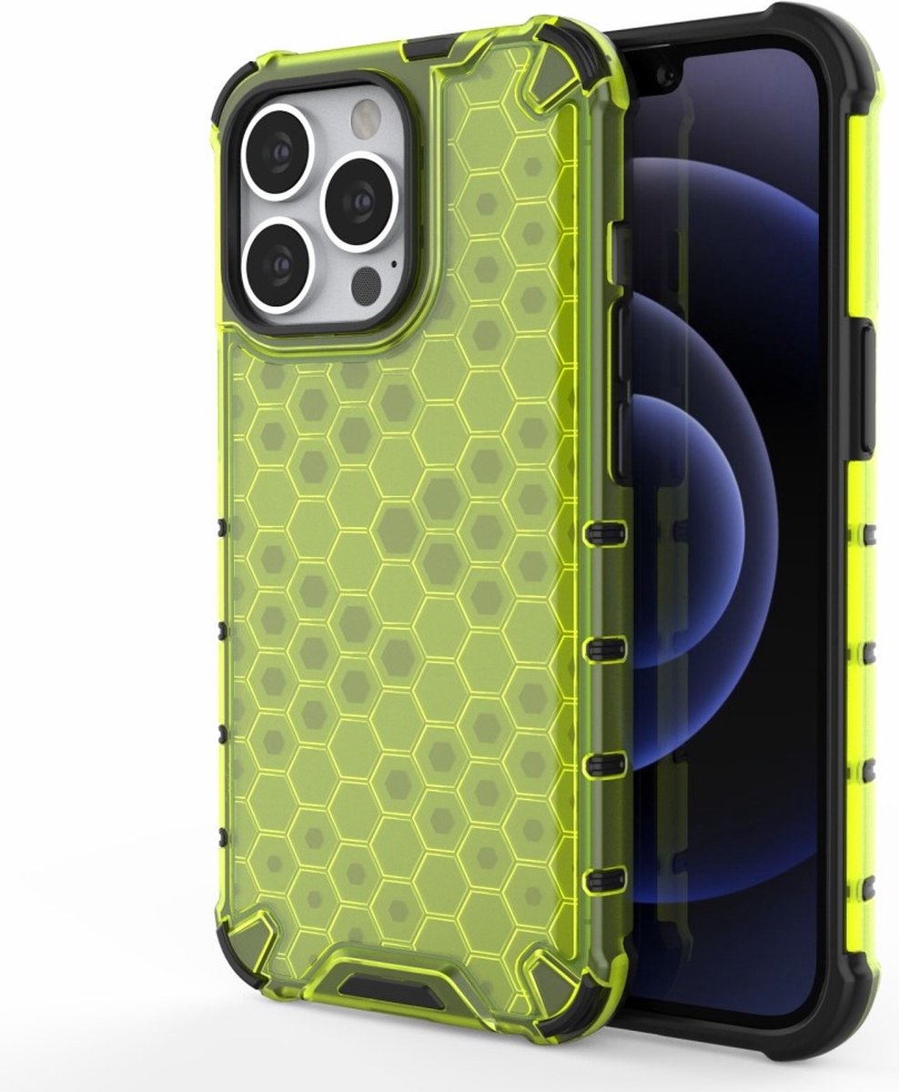 Lunso - Honinggraat Armor Backcover hoes - Geschikt voor iPhone 13 Pro - Fluor Geel