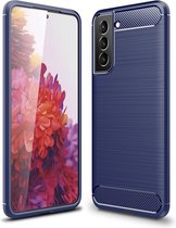 Samsung Galaxy S22 Plus (S22+) Hoesje - MobyDefend TPU Gelcase - Geborsteld Metaal + Carbonlook - Navy Blauw - GSM Hoesje - Telefoonhoesje Geschikt Voor Samsung Galaxy S22 Plus (S22+)
