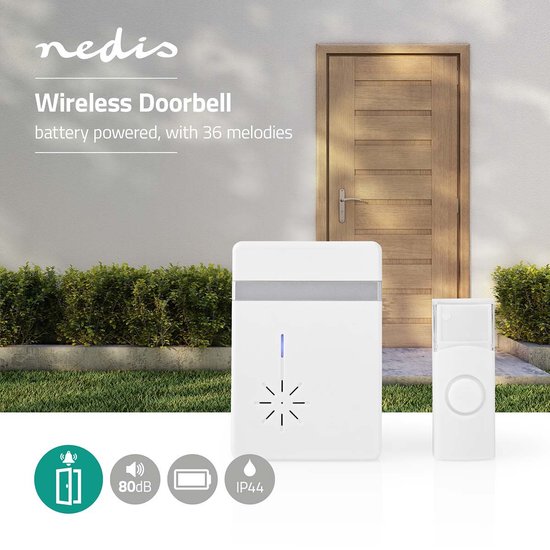 Nedis Draadloze Deurbelset - Batterij Gevoed - 3 V DC - 1x CR2032 - Volume: 80 dB - Signaalbereik: 300 m - IP44 - 36 Melodiën - 1 Ontvanger - Wit — afbeelding 4