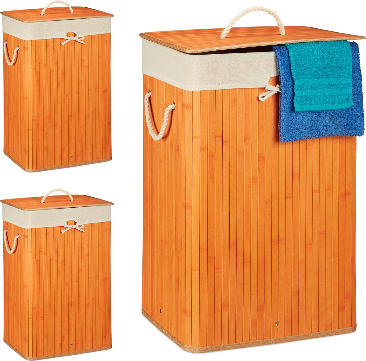 Relaxdays 3x wasmand bamboe - wasbox opvouwbaar - 80 L - 65,5 x 43,5 x 33,5 cm - oranje