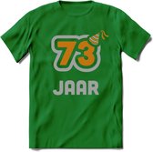 73 Jaar Feest T-Shirt | Goud - Zilver | Grappig Verjaardag Cadeau Shirt | Dames - Heren - Unisex | Tshirt Kleding Kado | - Donker Groen - XXL