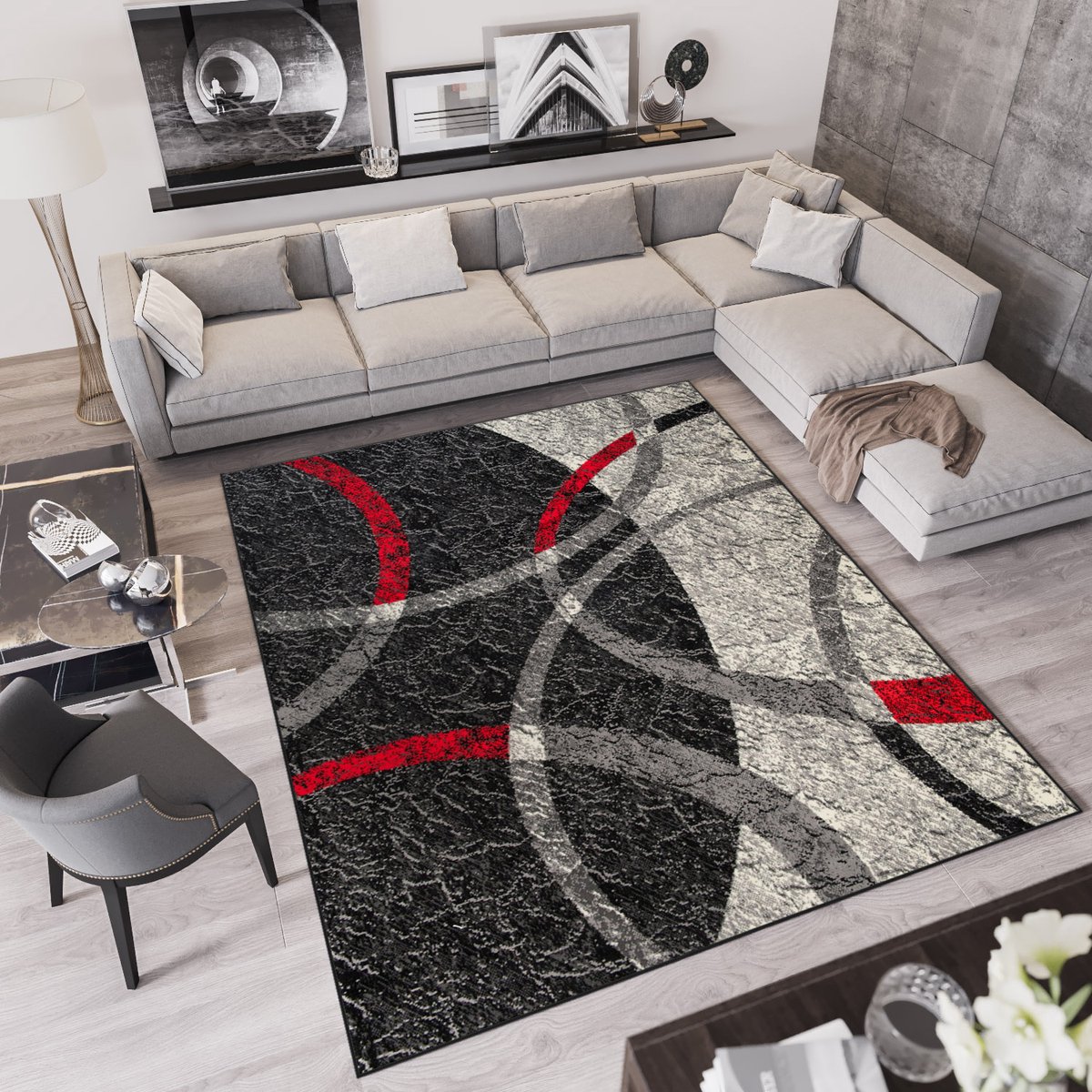 Tapiso Qmega Vloerkleed Grijs Zwart Rood Tapijten Maat- 180x250 Donkergrijs