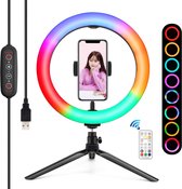 Bague selfie couleur professionnelle PULUZ avec trépied réglable - y compris télécommande Bluetooth - Anneau lumineux 31x26cm - 3 températures de couleur - 8 couleurs réglables - 8 niveaux de luminosité - Rotation à 360 degrés