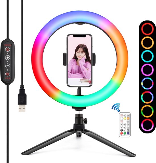 PULUZ professionele kleuren selfiering met verstelbaar statief – inclusief bluetooth afstandsbediening – 31x26cm ringlamp – 3 kleurtemperaturen - 8 aanpasbare kleuren – 8 helderheidsniveau ’s - 360 graden te roteren