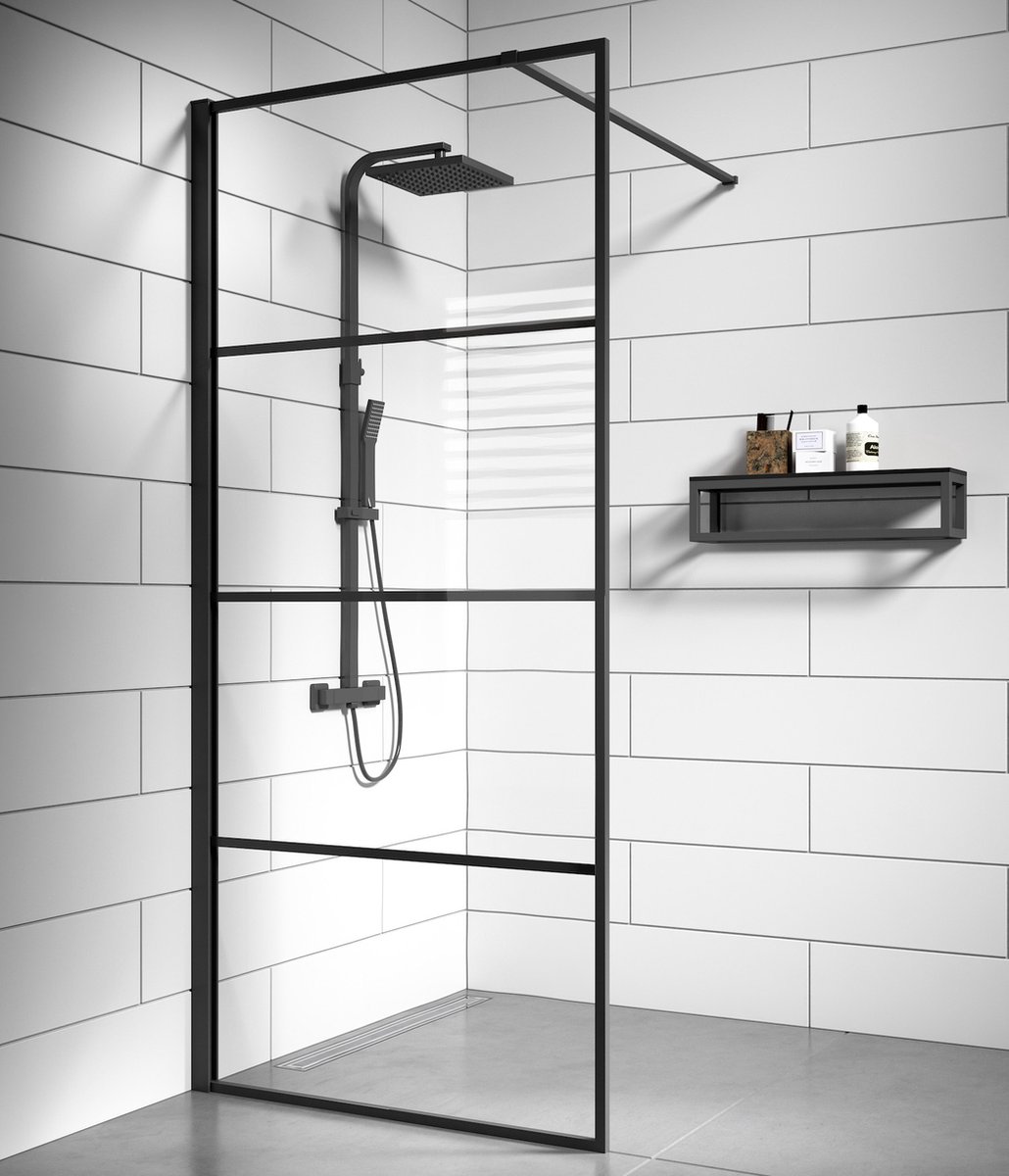 Badplaats Douchewand Essos 90 cm x 200 cm - Zwart – Inloopdouche 8 mm Veiligheidsglas