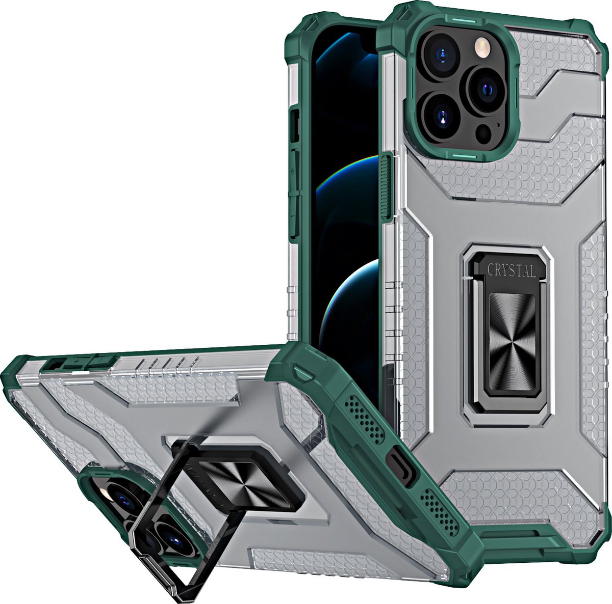 Hoesje Geschikt voor iPhone 13 Pro Max transparent rugged case Met Ringhouder – Groen