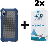 Backcover Shockproof Carbon Hoesje iPhone XS Blauw - 2x Gratis Screen Protector - Telefoonhoesje - Smartphonehoesje