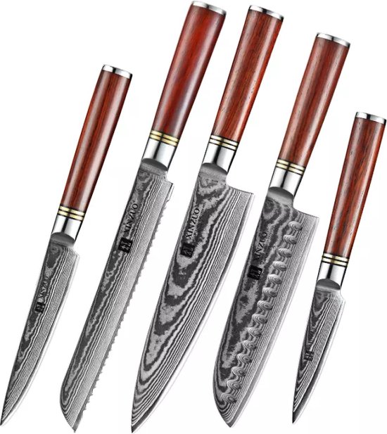 Foto: 5 delige professionele messenset damascus blad materiaal gemakt met traditionele hoge kwaliteit carbon lukse verpakking als voor cadeau 5 pcs japanese damascus steel knife set chef knives with rosewood handle