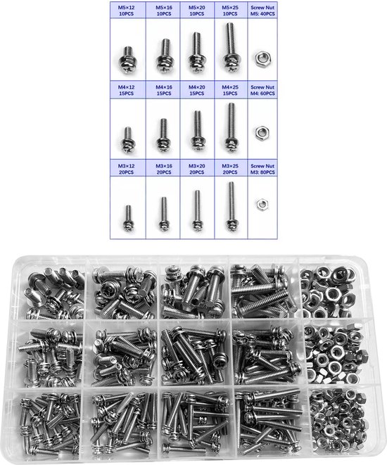 Set van 360 bouten, moeren en ringen (kruiskop, M3, M4, M5, roestvrij  staal) | bol.com