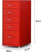 Dossierkast - 69x38x28 cm  - Rood - 5 Lades - Kantoorkast - Bureaukast - Kantoor - Archiefkast - Met Wieltjes