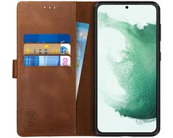 Rosso Deluxe Echt Leer Book Case Hoesje Geschikt voor Samsung Galaxy S22 Plus | Ruimte voor drie pasjes | Portemonnee Book Case | Met Pasjeshouder | Bruin