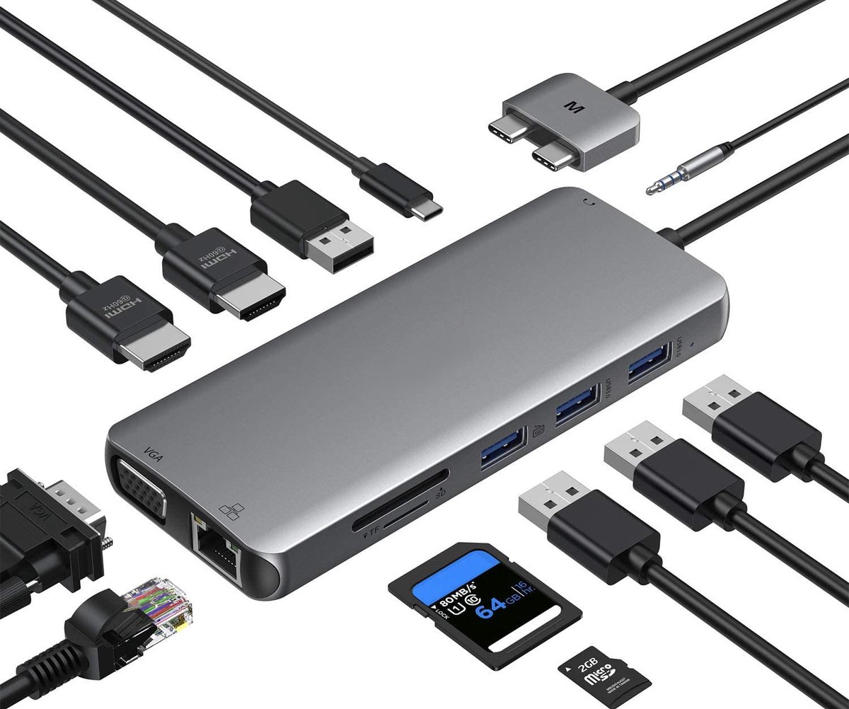 NÖRDIC DOCK-144 Dockingstation geschikt voor Macbook Pro - 2xHDMI, 1xVGA, 1x USB-C, 1xRJ45, 4xUSB-A, 2xSD / TF, 3,5 mm audio - Space Gray