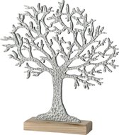 Decoratie levensboom van polystone op houten voet 25 cm zilver - Tree of life