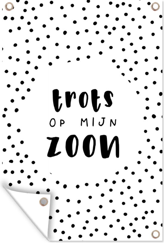 Muurdecoratie Cadeau Zoon - Kinderen - Trots op mijn Zoon - Spreuk - Tekst - 120x180 cm - Tuinposter - Tuindoek - Buitenposter