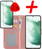 Samsung Galaxy S22 Plus Hoesje Bookcase Met 2x Screenprotector - Samsung Galaxy S22 Plus Case Hoes Cover - Samsung Galaxy S22 Plus 2x Screenprotector - Rose Goud