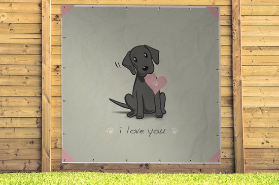 Tuinposter 200x200 cm - Tuindecoratie Een illustratie van een zwarte puppy met een hart - Poster voor in de tuin - Buiten decoratie - Schutting tuinschilderij - Tuindoek muurdecoratie - Wanddecoratie balkondoek