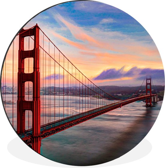 WallCircle - Wandcirkel - Muurcirkel - Kleurrijke zonsondergang boven de Golden Gate Bridge in San Francisco - Aluminium - Dibond - 90x90 cm - Binnen en Buiten
