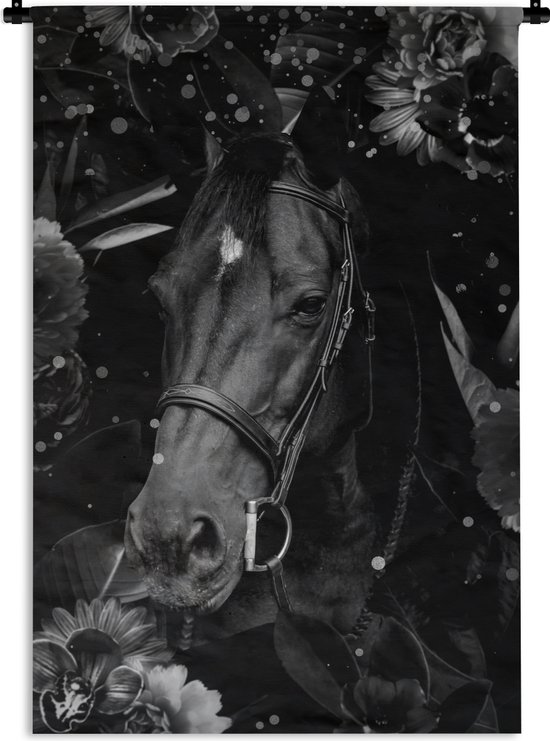 Wandkleed - Wanddoek - Botanisch paard met lichtbollen tegen donkere achtergrond - zwart wit - 60x90 cm - Wandtapijt