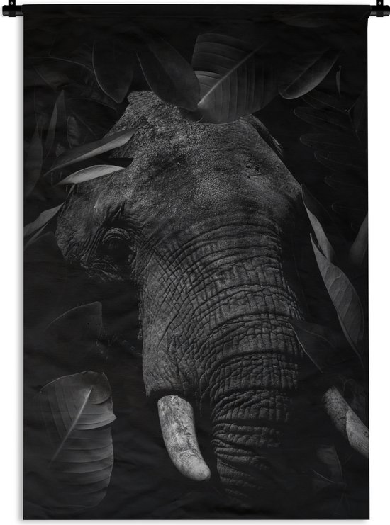 Wandkleed - Wanddoek - Botanische olifant met bladeren op zwarte achtergrond - zwart wit - 60x90 cm - Wandtapijt