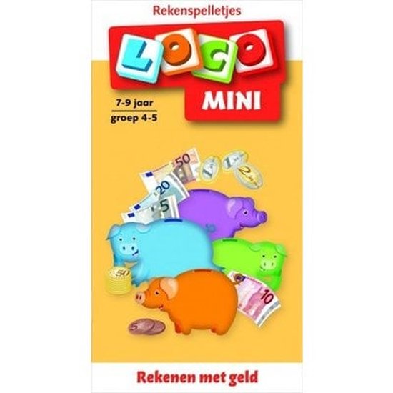 De Loco Mini 'Rekenen met geld' spelset met 4 spaarvarkens in blauw, groen, oranje en paars, munten en bankbiljetten.
