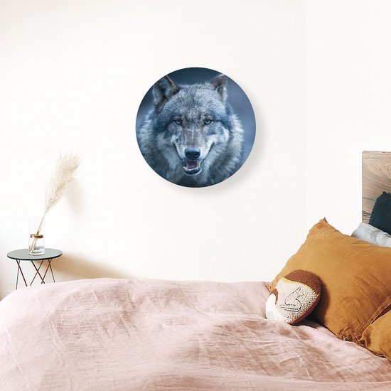 Artaza Dibond Cercle Mural Tête de Loup Aux Yeux Bleus - Loup - Ø 70 cm - Cercle Mural - Tableau Rond - Pour Intérieur et Extérieur