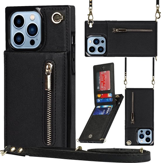 Geschikt Voor iPhone 13 Pro Max Hoesje Met Koord - Solidenz Portemonnee Hoes - Telefoonhoesje Met Koord 13 Pro Max - Wallet Case - Cover Hoes Met Koordje - Backcover Met Koord 13 Pro Max - Zwart