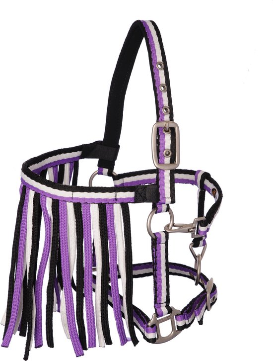 MHS Halster Stripe met touw en vliegenfrontriem Pony Paars MHS Halster Stripe met touw en vliegenfrontriem Pony Paars