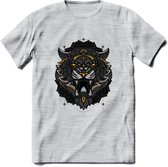Tijger - Dieren Mandala T-Shirt | Geel | Grappig Verjaardag Zentangle Dierenkop Cadeau Shirt | Dames - Heren - Unisex | Wildlife Tshirt Kleding Kado | - Licht Grijs - Gemaleerd - L