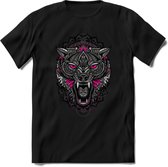 Wolf - Dieren Mandala T-Shirt | Roze | Grappig Verjaardag Zentangle Dierenkop Cadeau Shirt | Dames - Heren - Unisex | Wildlife Tshirt Kleding Kado | - Zwart - S