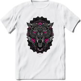 Wolf - Dieren Mandala T-Shirt | Roze | Grappig Verjaardag Zentangle Dierenkop Cadeau Shirt | Dames - Heren - Unisex | Wildlife Tshirt Kleding Kado | - Wit - 3XL