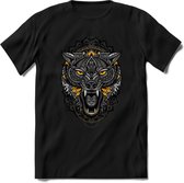 Wolf - Dieren Mandala T-Shirt | Geel | Grappig Verjaardag Zentangle Dierenkop Cadeau Shirt | Dames - Heren - Unisex | Wildlife Tshirt Kleding Kado | - Zwart - L