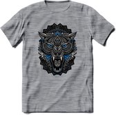 Wolf - Dieren Mandala T-Shirt | Blauw | Grappig Verjaardag Zentangle Dierenkop Cadeau Shirt | Dames - Heren - Unisex | Wildlife Tshirt Kleding Kado | - Donker Grijs - Gemaleerd - L