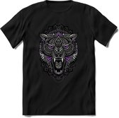 Wolf - Dieren Mandala T-Shirt | Paars | Grappig Verjaardag Zentangle Dierenkop Cadeau Shirt | Dames - Heren - Unisex | Wildlife Tshirt Kleding Kado | - Zwart - XL