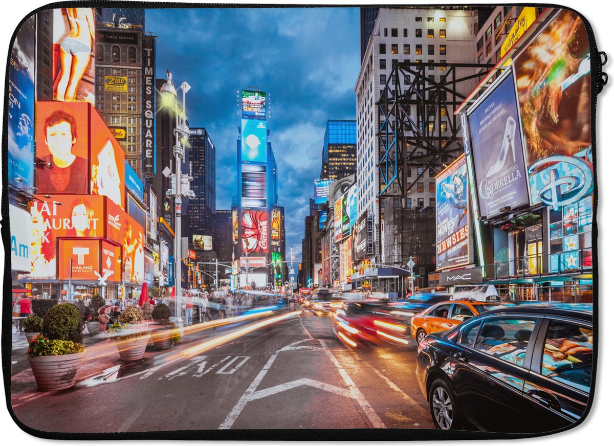 Laptophoes 14 inch 36x26 cm - New York - Macbook & Laptop sleeve Times Square in new York met felgekleurde reclameborden - Laptop hoes met foto