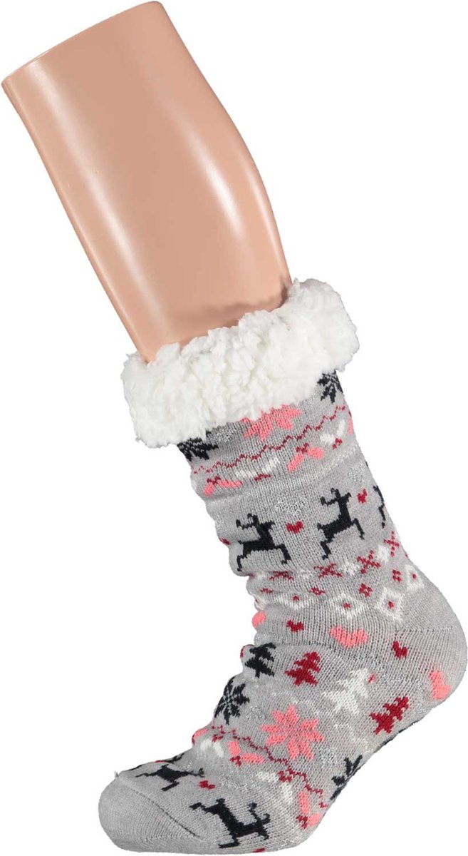 Morethansocks - Huissokken kerst dames - One size - Grey - Fluffy sokken kerst - anti slip sokken kerst - Huissloffen kerst - kerstsokken dames