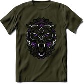 Wolf - Dieren Mandala T-Shirt | Paars | Grappig Verjaardag Zentangle Dierenkop Cadeau Shirt | Dames - Heren - Unisex | Wildlife Tshirt Kleding Kado | - Leger Groen - S