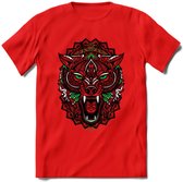 Wolf - Dieren Mandala T-Shirt | Groen | Grappig Verjaardag Zentangle Dierenkop Cadeau Shirt | Dames - Heren - Unisex | Wildlife Tshirt Kleding Kado | - Rood - XXL