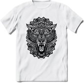 Wolf - Dieren Mandala T-Shirt | Grijs | Grappig Verjaardag Zentangle Dierenkop Cadeau Shirt | Dames - Heren - Unisex | Wildlife Tshirt Kleding Kado | - Wit - L