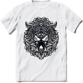 Tijger - Dieren Mandala T-Shirt | Donkerblauw | Grappig Verjaardag Zentangle Dierenkop Cadeau Shirt | Dames - Heren - Unisex | Wildlife Tshirt Kleding Kado | - Wit - 3XL