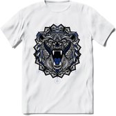 Beer - Dieren Mandala T-Shirt | Donkerblauw | Grappig Verjaardag Zentangle Dierenkop Cadeau Shirt | Dames - Heren - Unisex | Wildlife Tshirt Kleding Kado | - Wit - XL