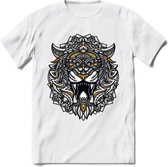 Tijger - Dieren Mandala T-Shirt | Geel | Grappig Verjaardag Zentangle Dierenkop Cadeau Shirt | Dames - Heren - Unisex | Wildlife Tshirt Kleding Kado | - Wit - XL