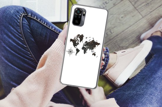 Coque Xiaomi Redmi Note 10 - Carte du Wereldkaart - Or - Zwart - Rose des Vents - Coque de Téléphone en Siliconen
