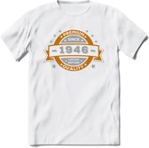 Premium Since 1946 T-Shirt | Zilver - Goud | Grappig Verjaardag en Feest Cadeau Shirt | Dames - Heren - Unisex | Tshirt Kleding Kado | - Wit - XXL