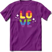 Love | Pride T-Shirt | Grappig LHBTIQ+ / LGBTQ / Gay / Homo / Lesbi Cadeau Shirt | Dames - Heren - Unisex | Tshirt Kleding Kado | - Paars - L