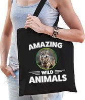 Katoenen tasje wolf - zwart - volwassen + kind - amazing wild animals - boodschappentas/ gymtas/ sporttas - wolven fan