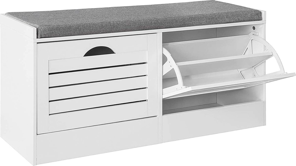 Schoenenbank Schoenenrek Zitcommode Zitbank Zitkist Kipper met Zitschoen Kist 2 Kleppen met Schoenenvak Wit